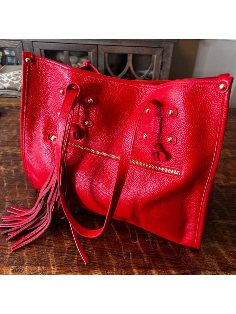 New Laggo Red Sienna Pebbled Leather Tote Bag